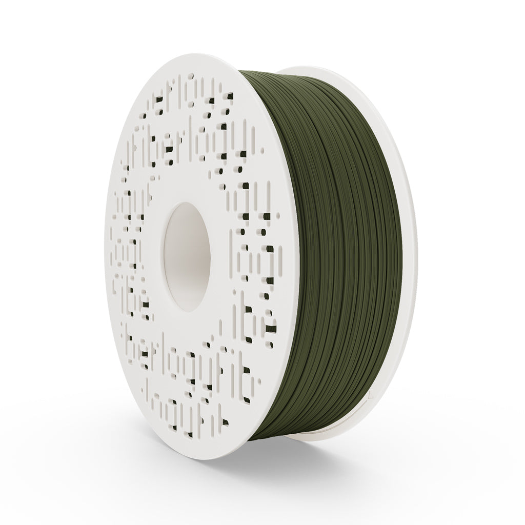 Fiberlogy ASA Matte Olive Green 1 kg, olivgrüne Filamentspule, Schrägansicht