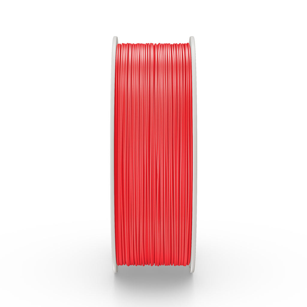 Fiberlogy PLA Impact Red, red PLA filament, 1.75 mm, 1 kg on an S3 spool – side view of the filament winding