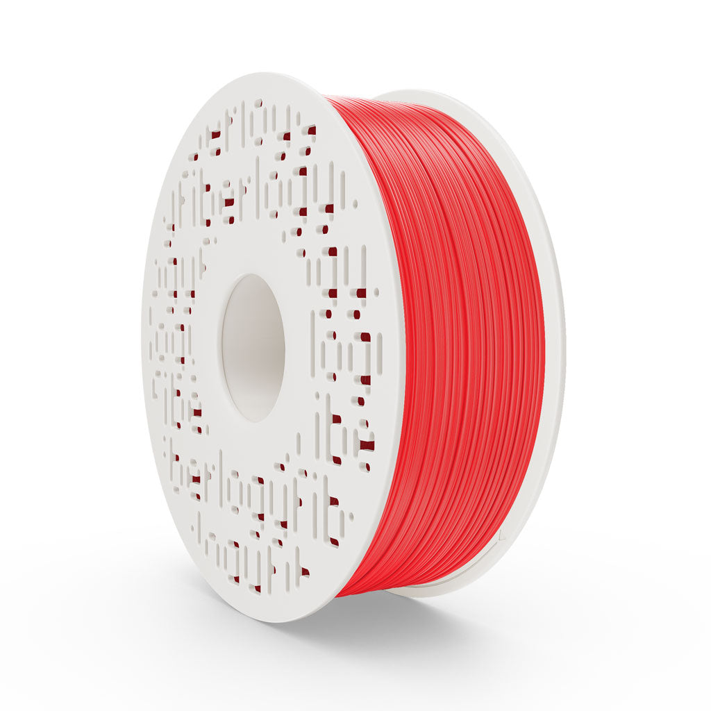 Fiberlogy PLA Impact Red, red PLA filament, 1.75 mm, 1 kg on an S3 spool – angled view