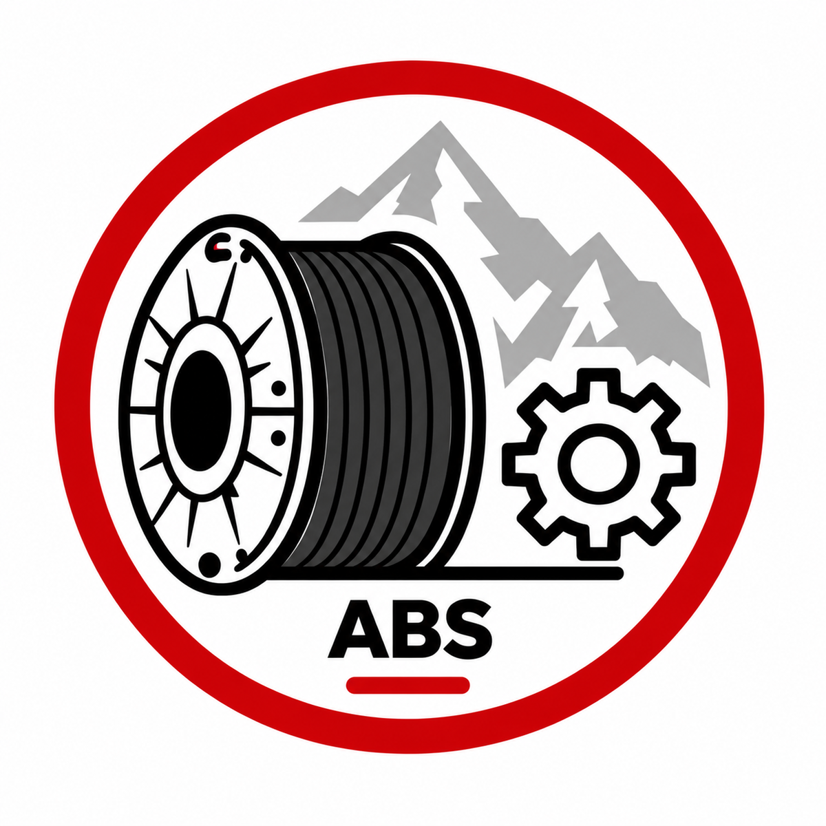 ABS Filament Kategorie-Icon mit schwarzer Filamentspule, Zahnrad und grauer Schweizer Bergsilhouette.
