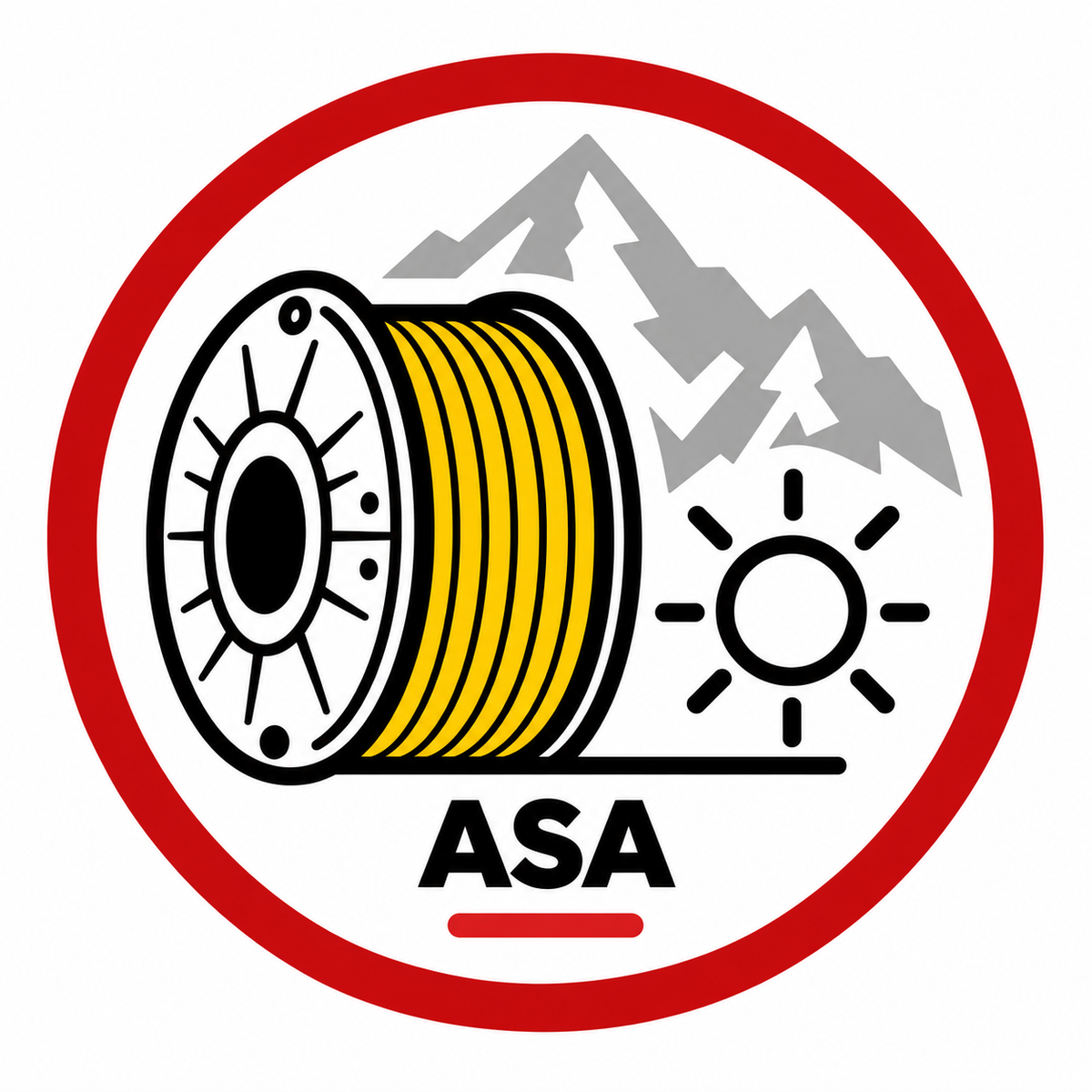 ASA Filament Kategorie-Icon mit gelber Filamentspule, Sonnensymbol und Bergsilhouette.