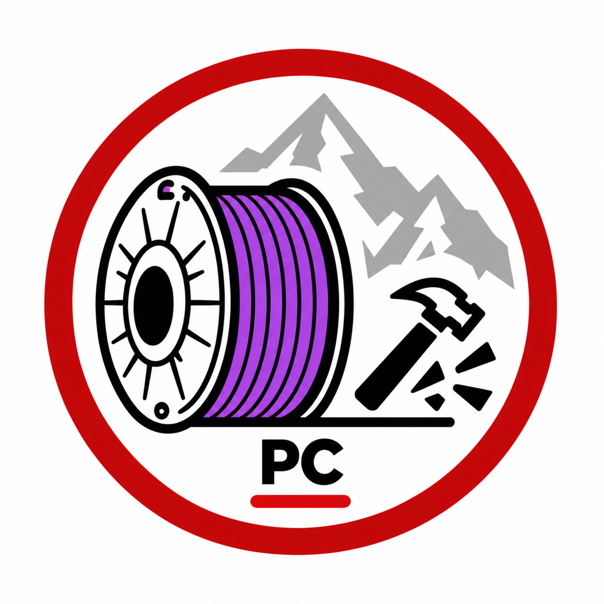 PC Polycarbonat Filament Kategorie-Icon mit violetter Filamentspule, Hammer und grauen Bergen.