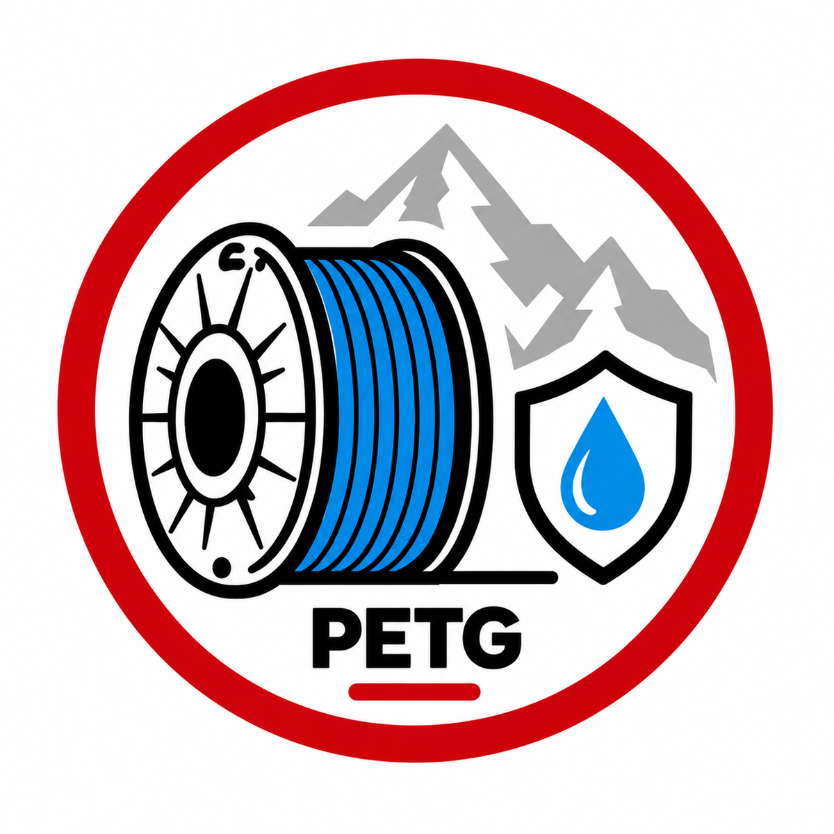PETG Filament Kategorie-Icon mit blauer Filamentspule, Wassertropfen im Schutzschild und grauen Bergen.