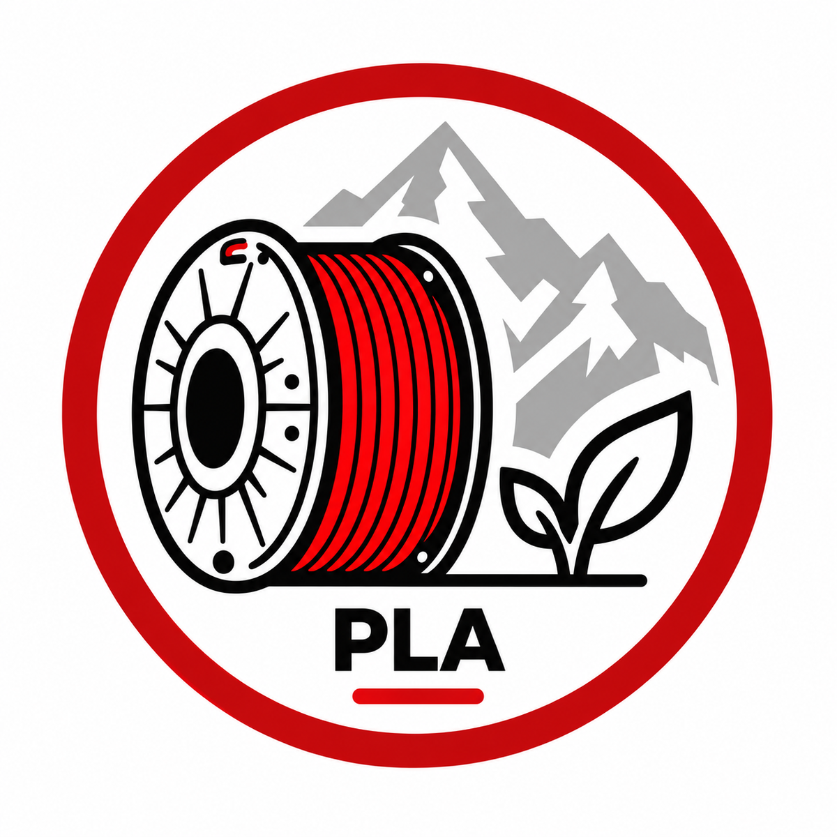 PLA Filament Kategorie-Icon mit roter Filamentspule, Blättern und Schweizer Bergsilhouette.