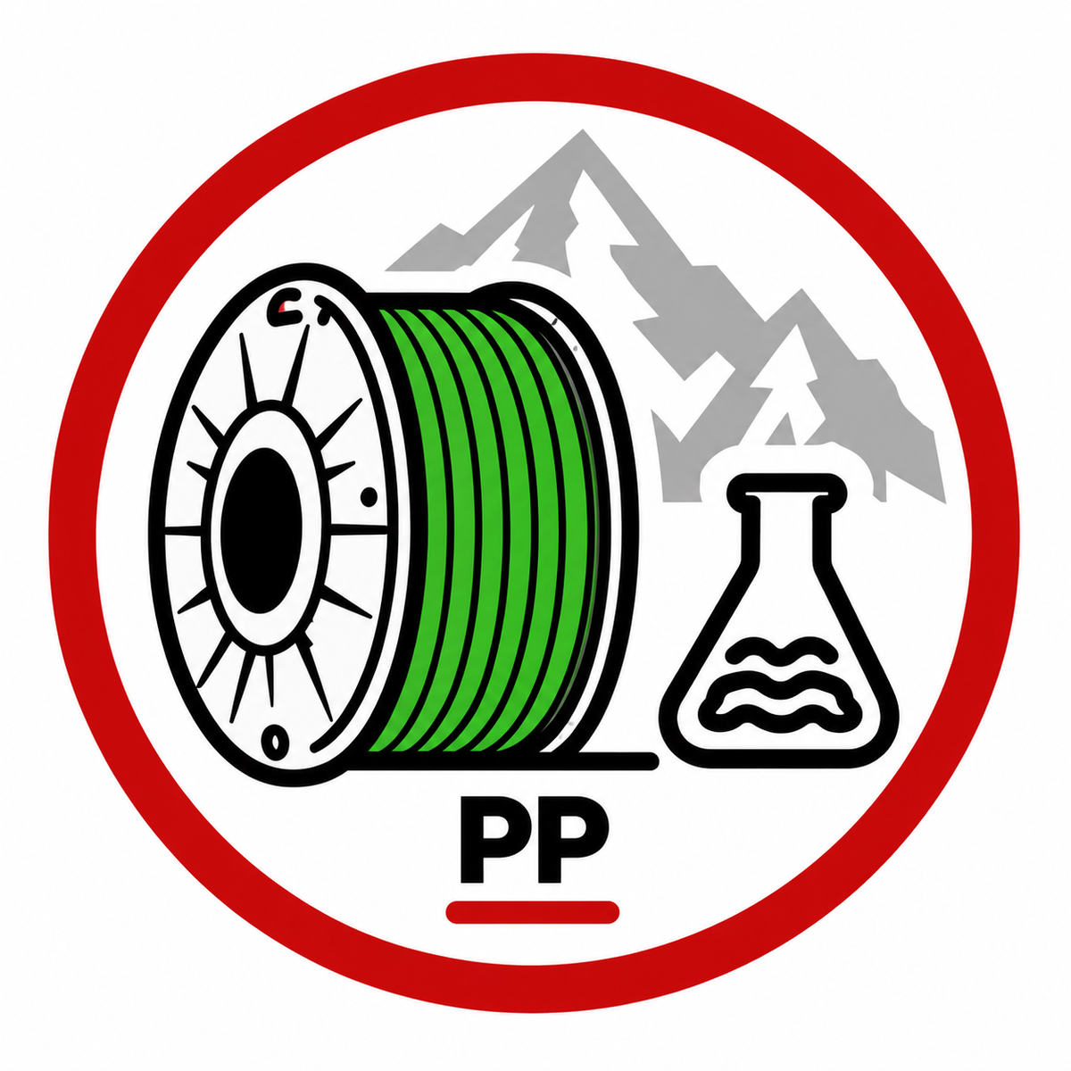 PP Polypropylen Filament Kategorie-Icon mit grüner Filamentspule, Laborflasche und Bergsilhouette.
