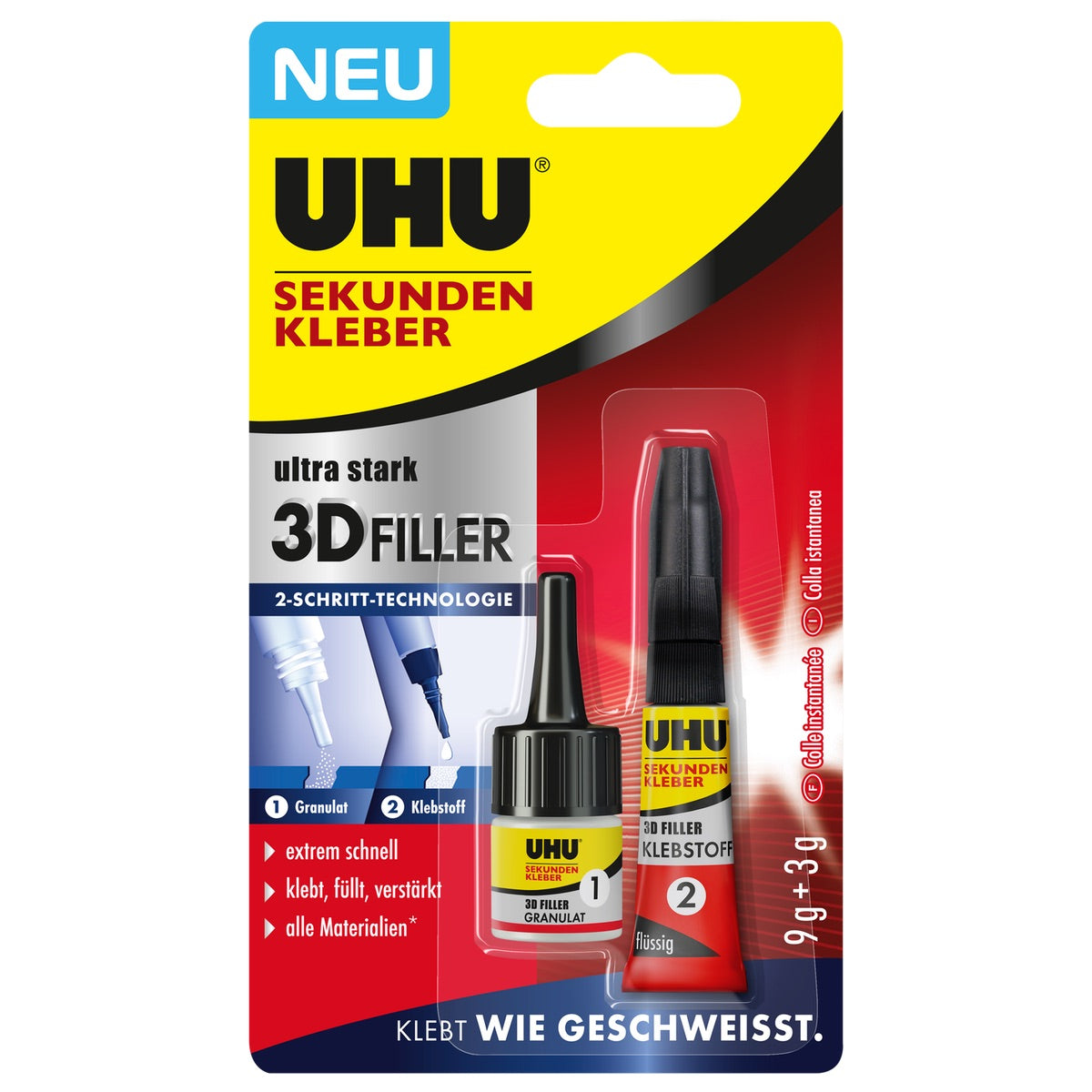 UHU Sekundenkleber 3D Filler, Blister 3g + 9g